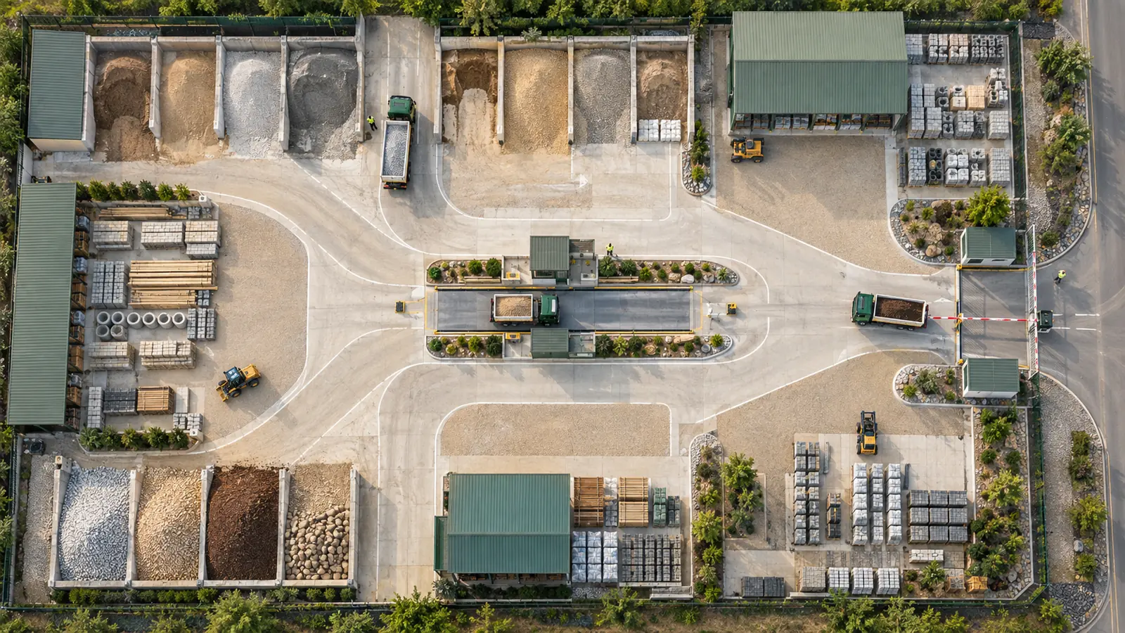 Top-down aerial view of a building supply yard where separate material lanes converge on a central weighbridge, with sage sheds, green trucks, brass gravel, and a controlled service gate.
