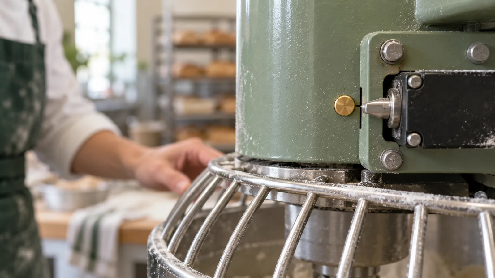 A close-up commercial photo shows a brass calibration marker and narrow safety-switch gap on a sage green industrial mixer while a baker's hand pauses softly out of focus near the flour-dusted guard.