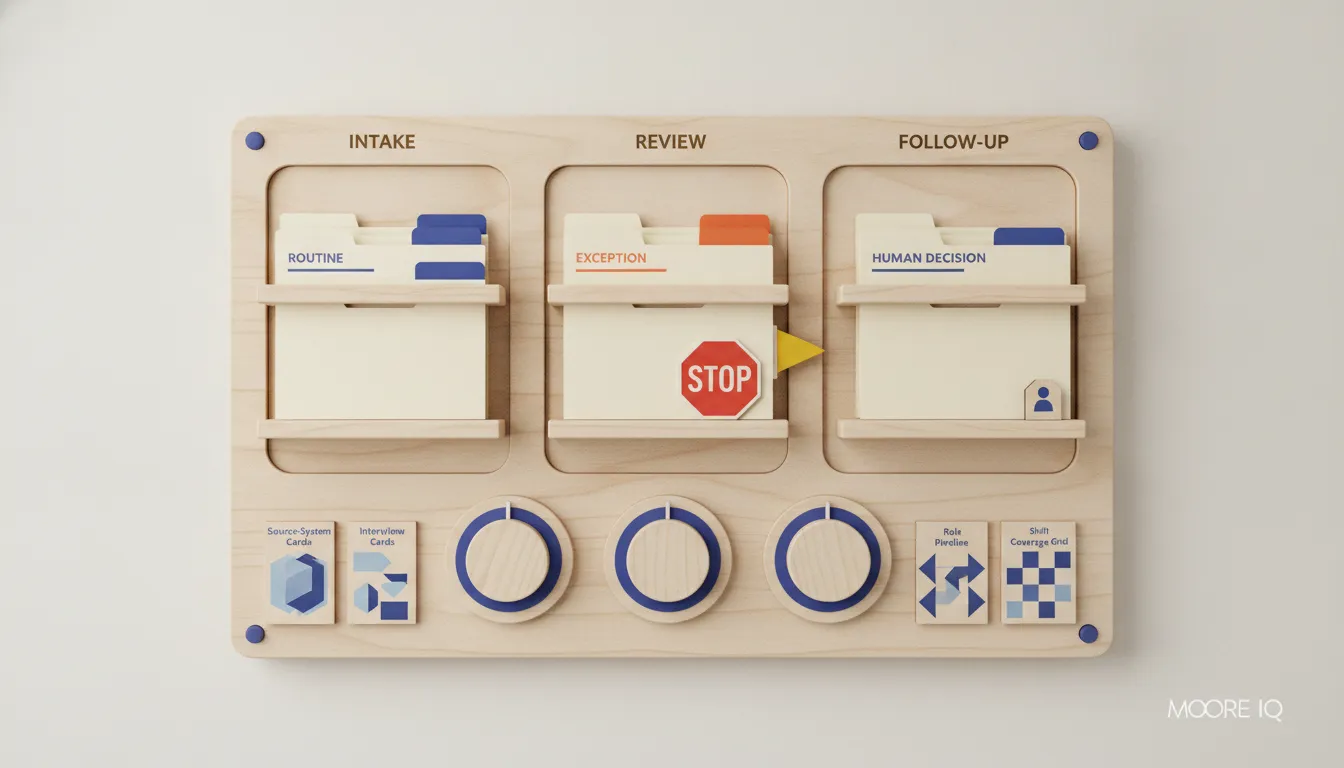 A physical HR triage shelf separates routine candidate packets, exceptions, and human decisions with a visible stop control