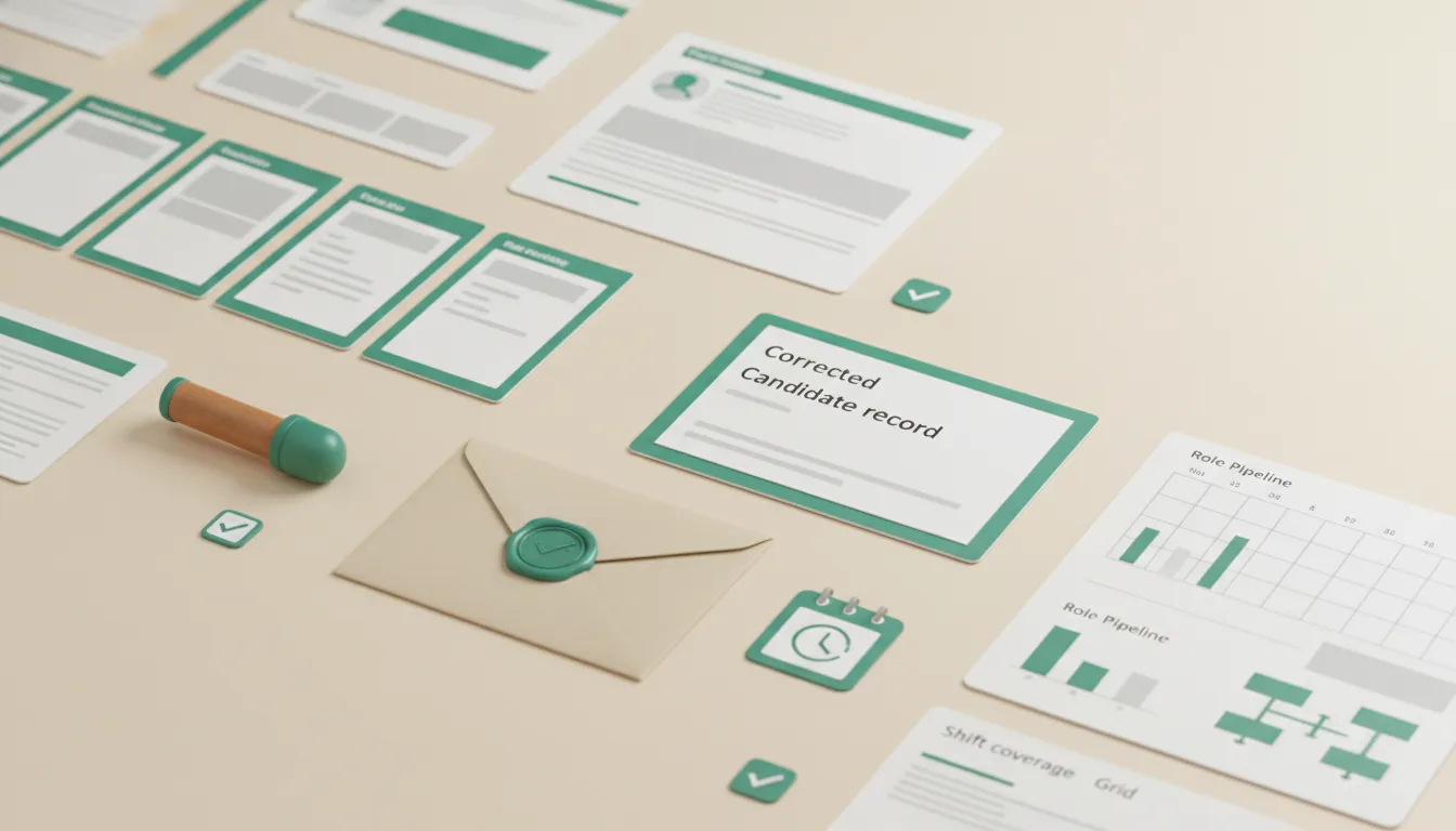 A hiring handoff recovery table reconstructs a candidate timeline beside an owner marker, evidence envelope, and corrected record
