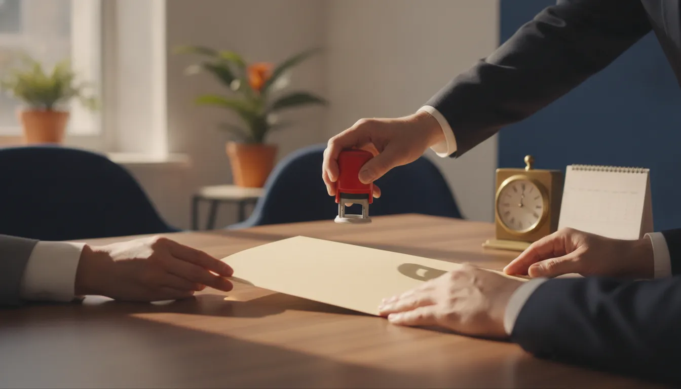 Three HR operators pass a candidate folder across a desk while a human holds an approval stamp above the handoff