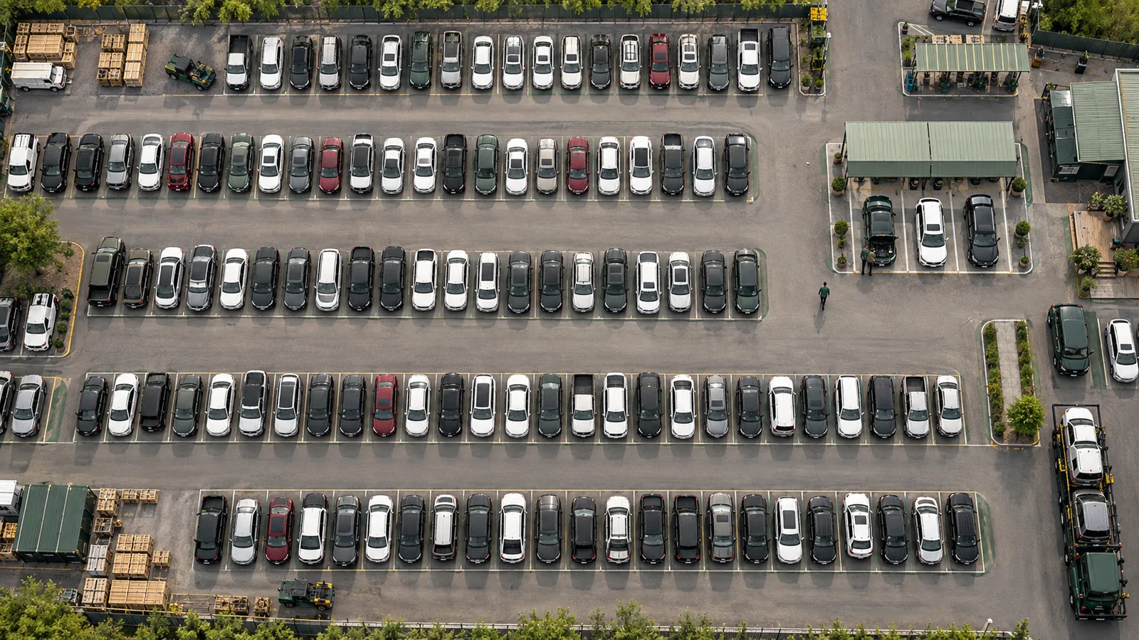 A straight-down aerial view shows orderly rows of vehicles across a large auto auction site, with a buyer walking toward sage-green inspection shelters where a small cluster of cars includes one with its hood open.