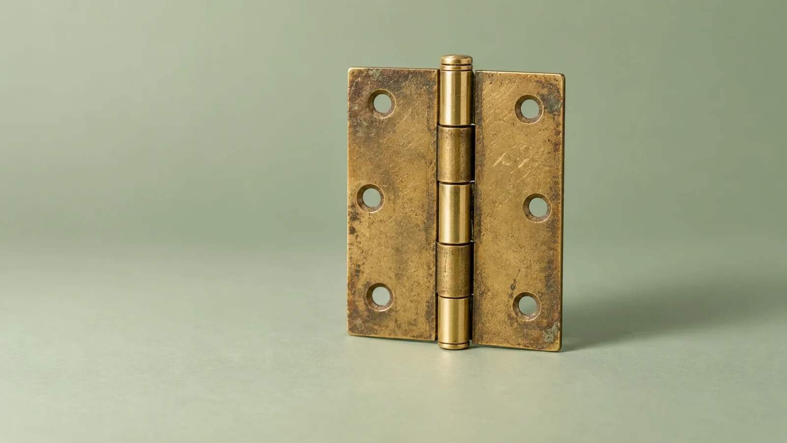 A worn brass door hinge with a subtly brighter replacement pin stands assembled on a soft sage green backdrop with ample cream-toned space.
