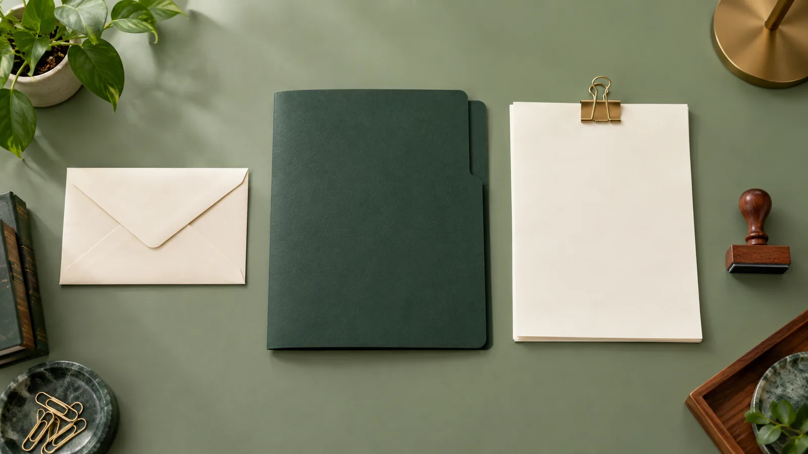 A neat overhead arrangement shows a sealed envelope, closed forest-green client folder, clipped draft, and unused approval stamp on a sage-green library surface.