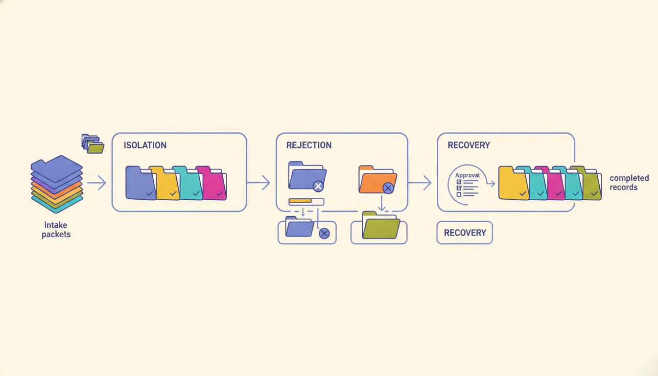A legal automation test bench with eight case folders moving through validation, isolation, review, rejection, and release stations