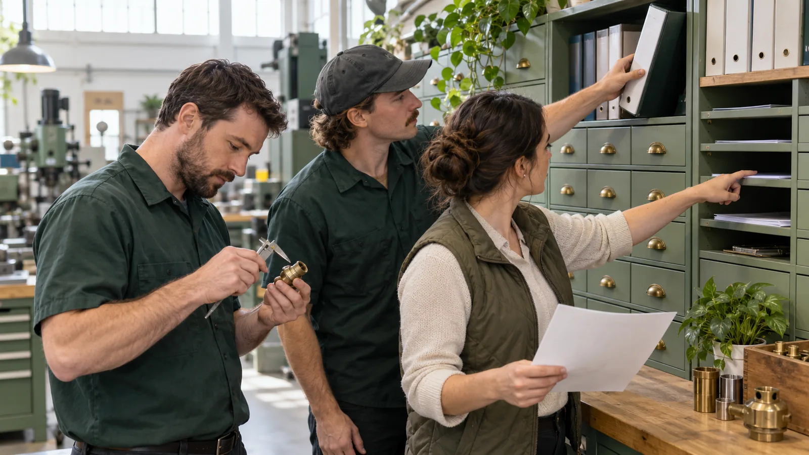 Two machinists and a service coordinator collaborate beside sage-green parts drawers, checking a brass fitting with a caliper, reaching for a binder, and pointing to a dispatch slot in morning workshop light.