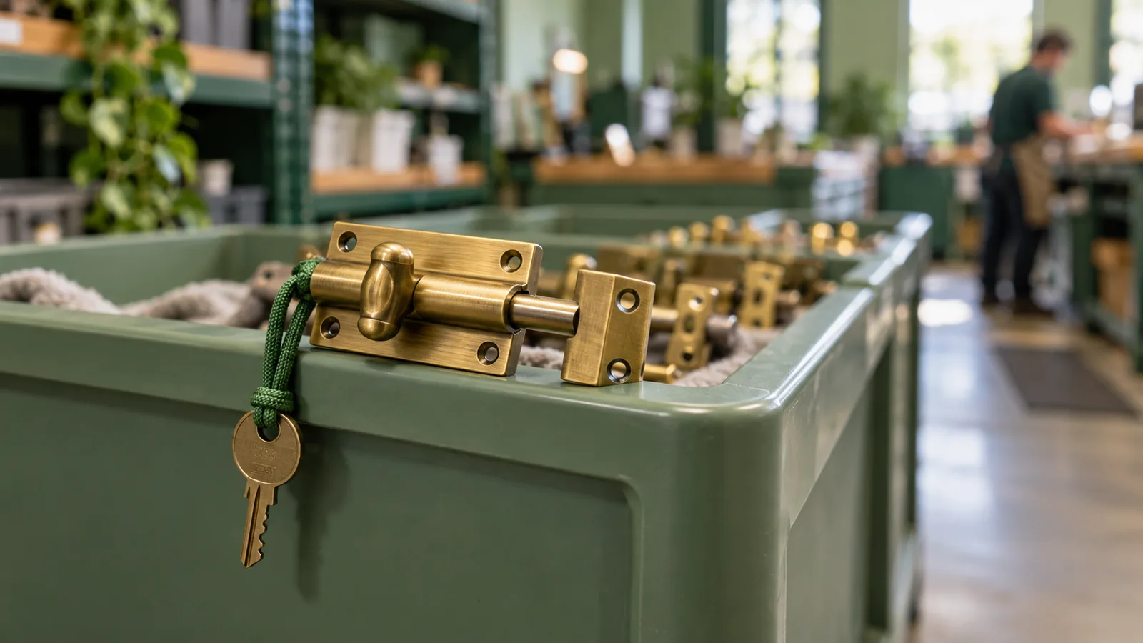 A brass gate latch with a key on a green cord rests half-open on a sage-green staging bin, with replacement parts and forest-green repair shelving softly blurred behind it.