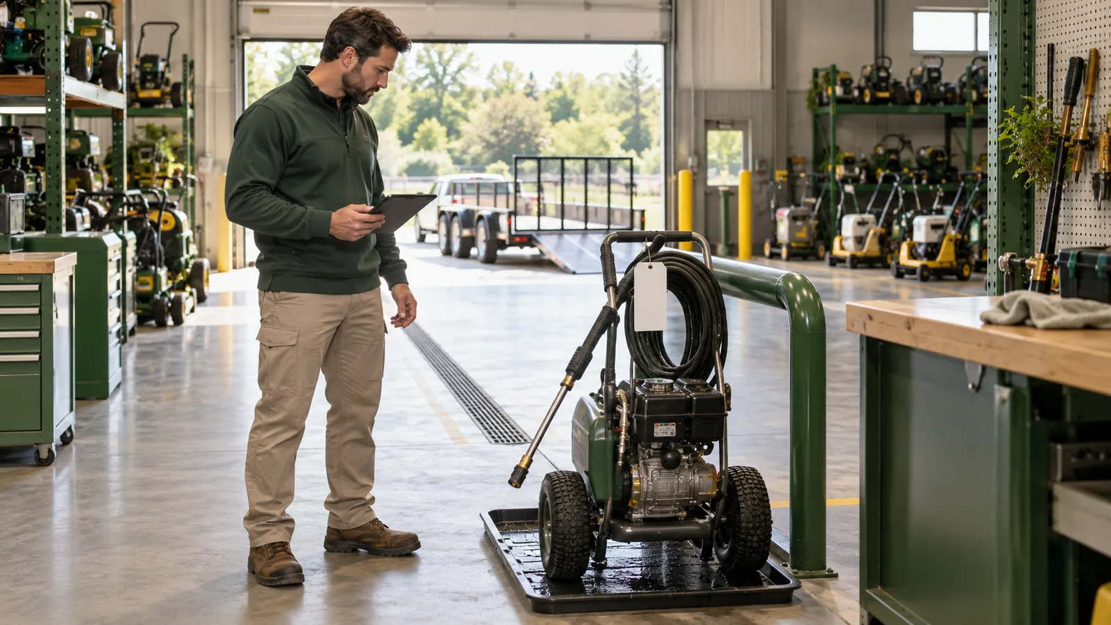 An operations consultant studies a returned pressure washer on a drip tray in a sunlit equipment rental garage with sage cabinets, forest-green guards, and stored machines in the background.