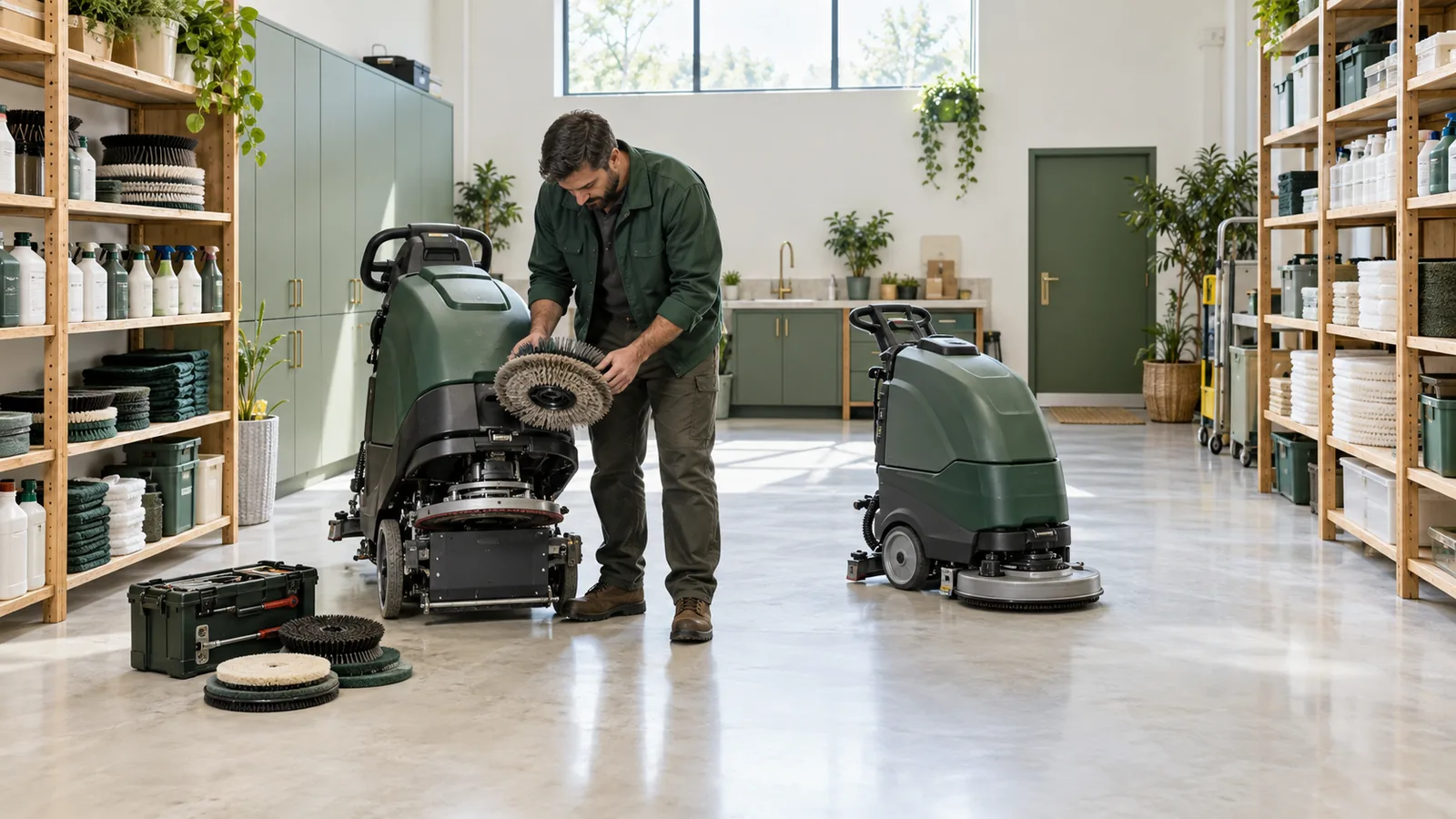 A service company owner in a forest-green jacket inspects a worn scrubber brush between an owned floor scrubber and a compact rental scrubber in a bright, clean supply room with sage cabinets, wood shelving, spare brushe