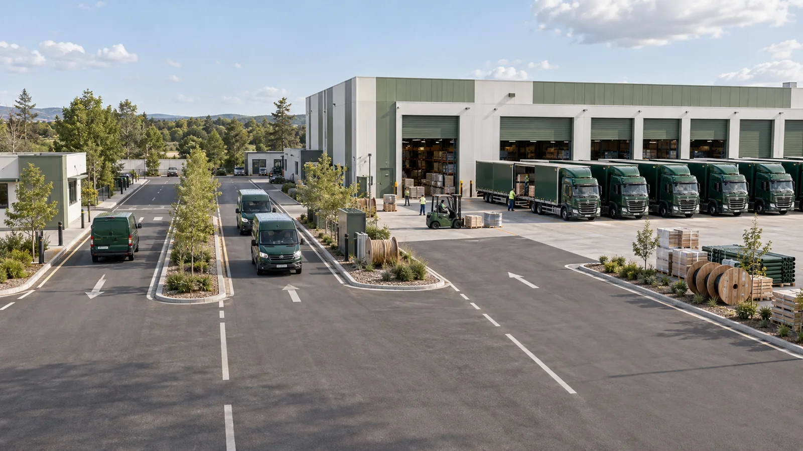 A wide morning view of a sage green plumbing depot shows three dispatch lanes with a small van, two middle-lane vehicles, and a longer row of trucks by the loading bays.