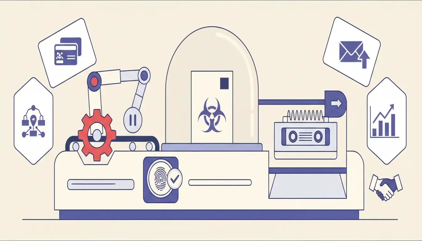 Tabletop AI agent failure drill with a quarantined instruction card, stopped action rail, human approval token, rollback cassette, and verified business record