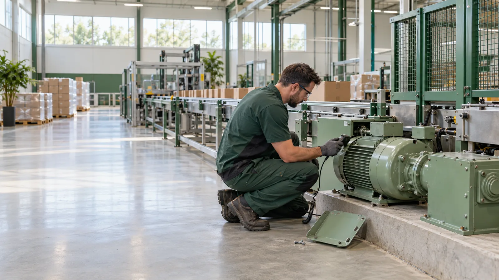 A maintenance technician checks a sage green drive motor with a vibration probe beside a paused packaging line in a bright, orderly factory with clear floor space, forest green rails, and wood pallets.