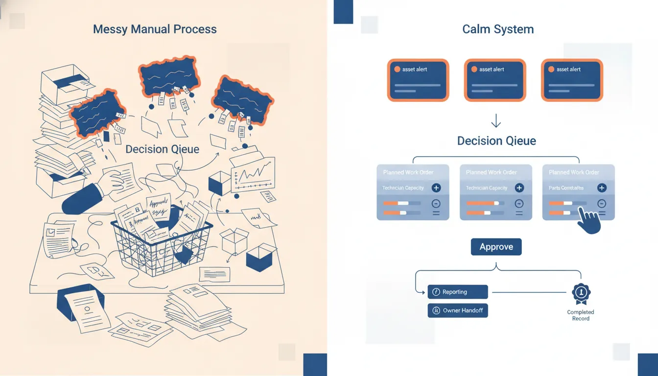 A tabletop asset triage map ranks a chiller, pump, air handler, and electrical panel by consequence, evidence quality, open work, parts readiness, and response owner