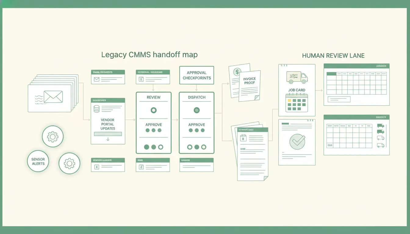 A maintenance handoff diagram passes one verified asset signal through identity matching, duplicate checks, supervisor authority, a CMMS work order, and a reconciled completion record