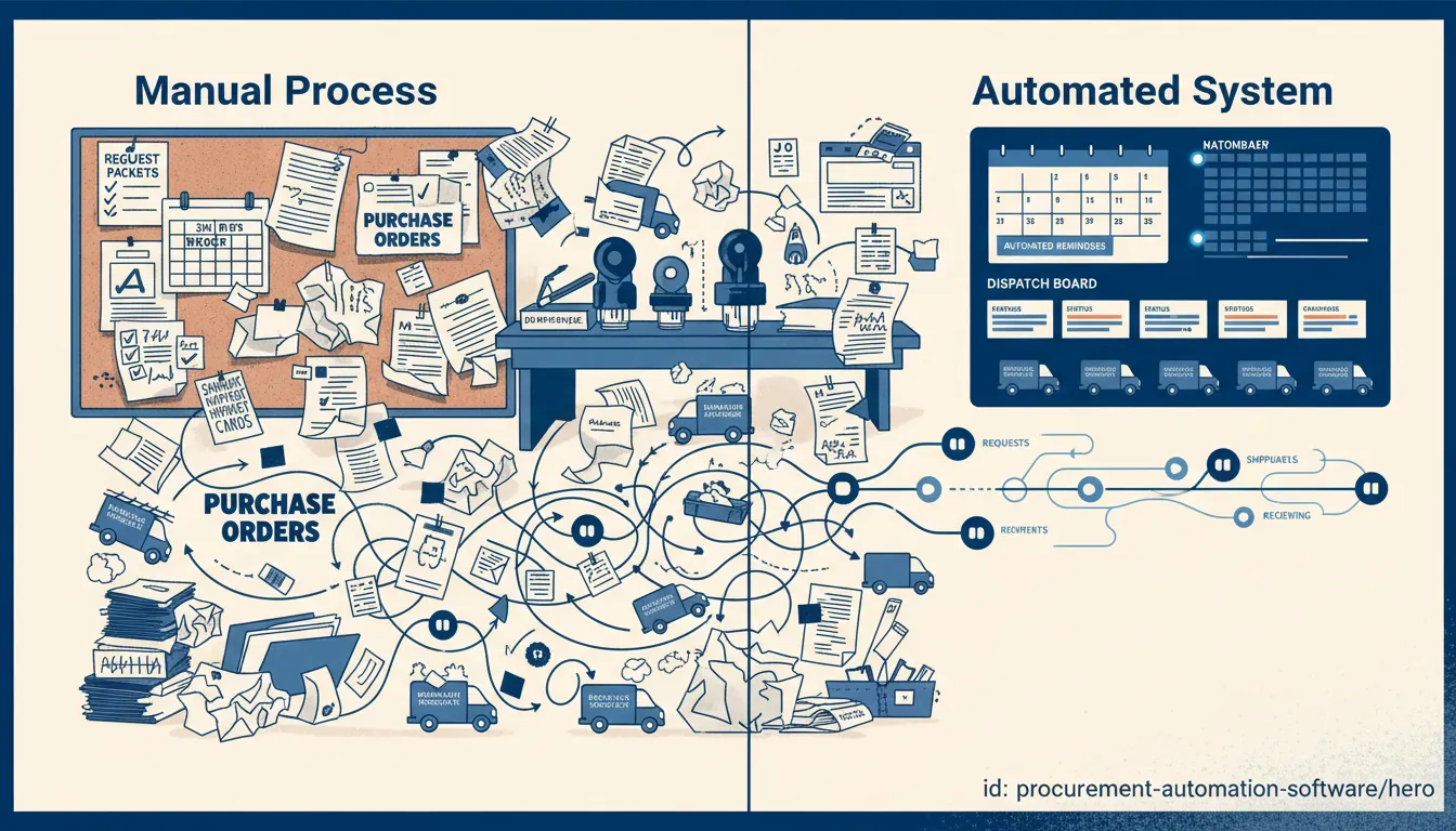 Procurement operations room with request packets, approval stamps, purchase orders, shipment cards, and receiving proof arranged as one controlled lane