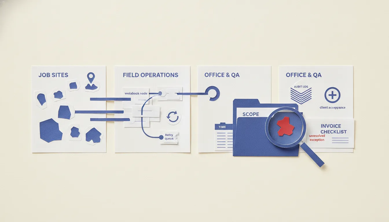 Top-down professional services handoff inspection with scope version, time record, client acceptance, invoice checklist, and one unresolved exception under review