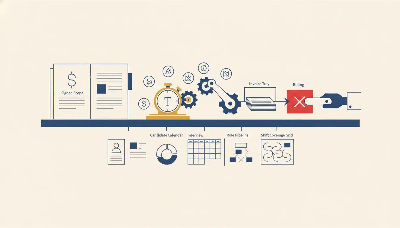 Professional services delivery table with a signed scope folio, staffing tokens, time clock, invoice tray, and a red exception card crossing the billing handoff