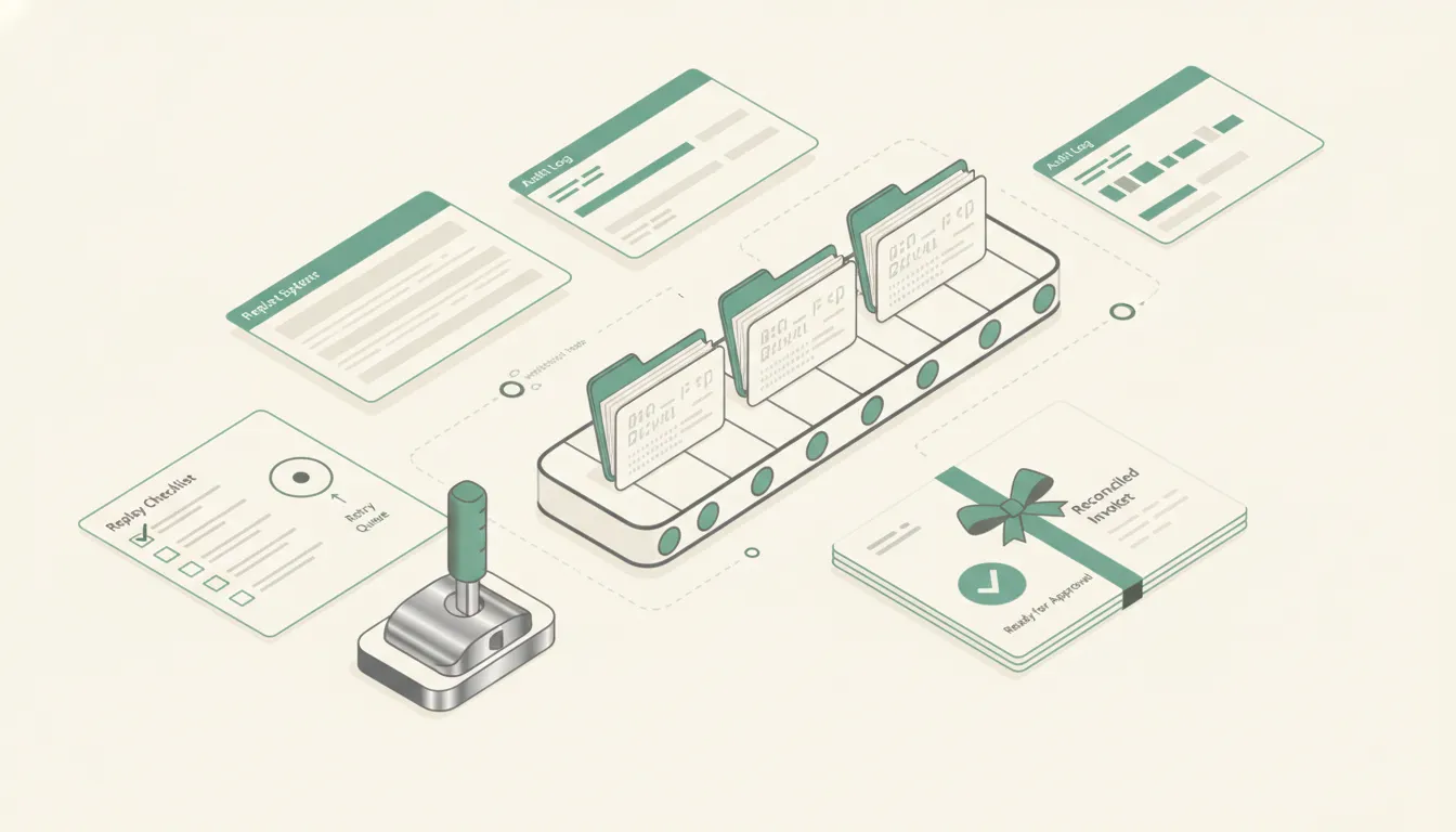Professional services recovery drill with a stopped project-folder conveyor, manual control lever, replay checklist, and reconciled invoice packet ready for approval