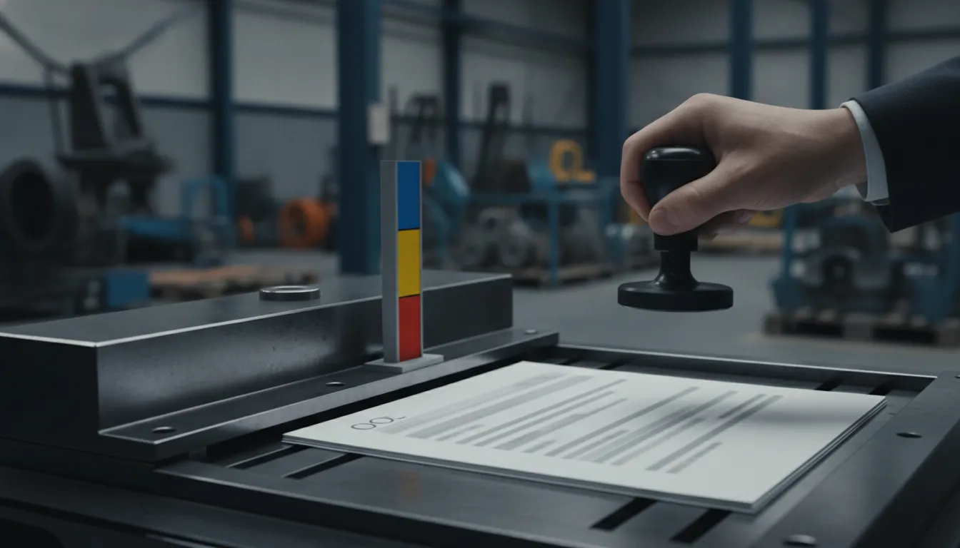 An equipment quote packet moving through a physical compatibility jig and margin gauge before a manager signs the customer commitment