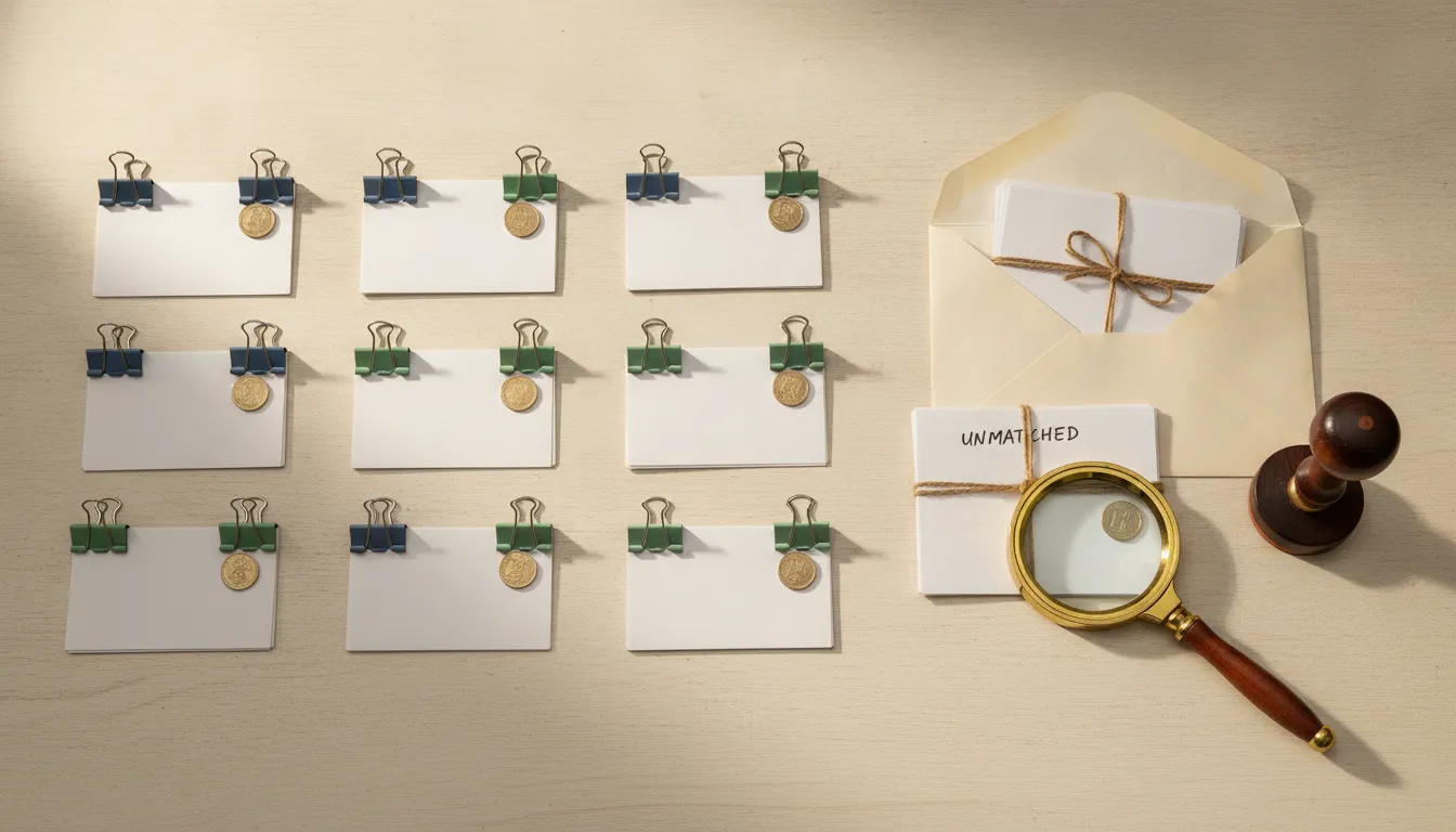 An overhead matching bench with invoice cards, payment records, customer keys, approval clips, and one unmatched packet routed into a review envelope