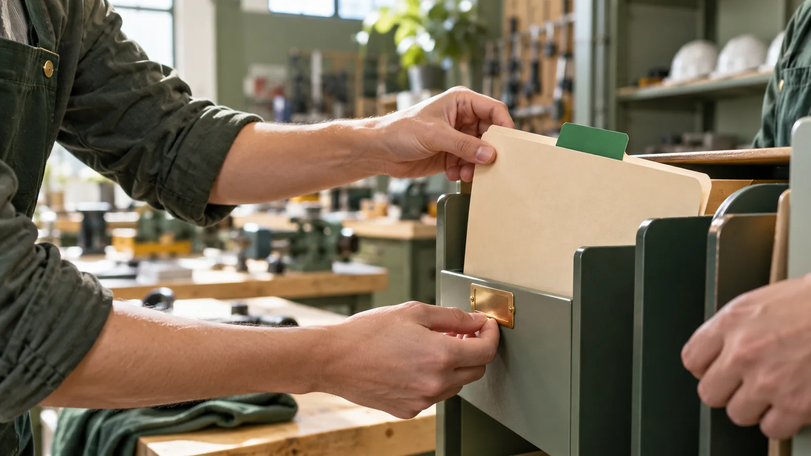 A recruiter's hands slide a single tabbed candidate folder into an assessor's slot in a sage-green trade school workshop with blurred benches and safety helmets behind.