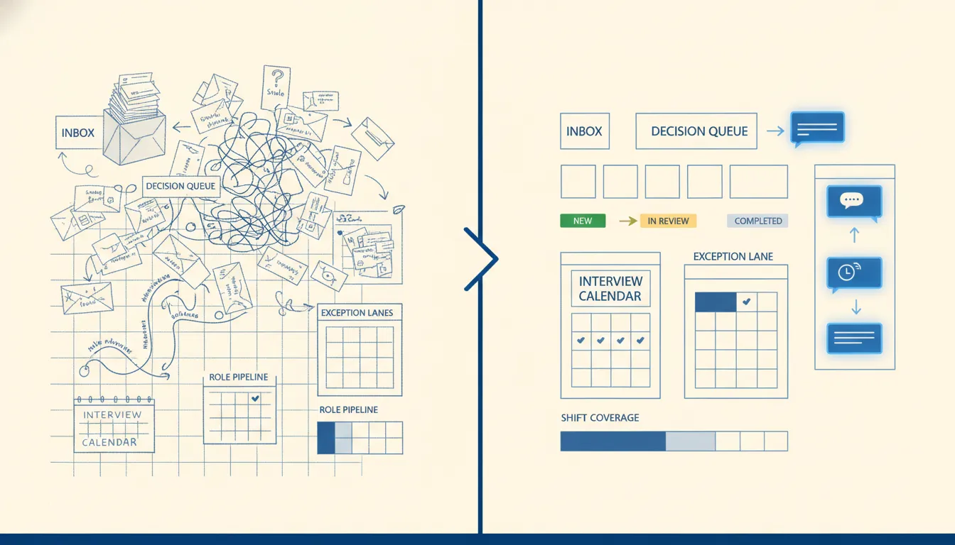 A tabletop recruiting failure drill where duplicate, stale, ambiguous, and missing-feedback candidate cards move into clearly labeled exception lanes