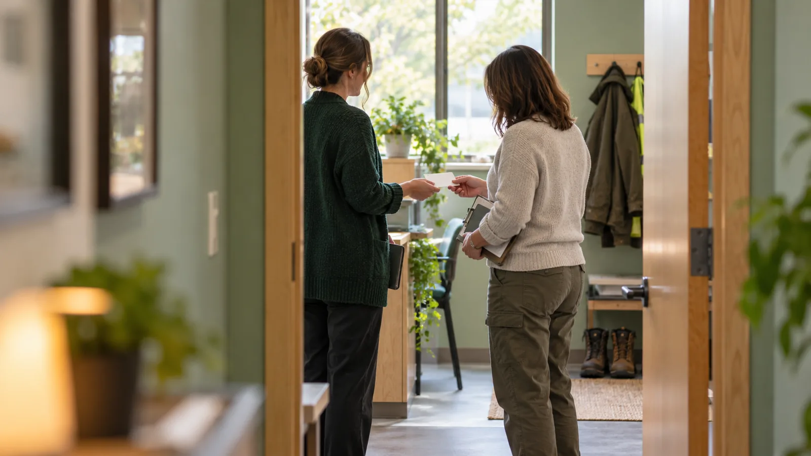 A recruiter and a site-visit coordinator exchange a small blank card through a warm wood doorway in a sage green workplace, with a coat and work boots near the exit.
