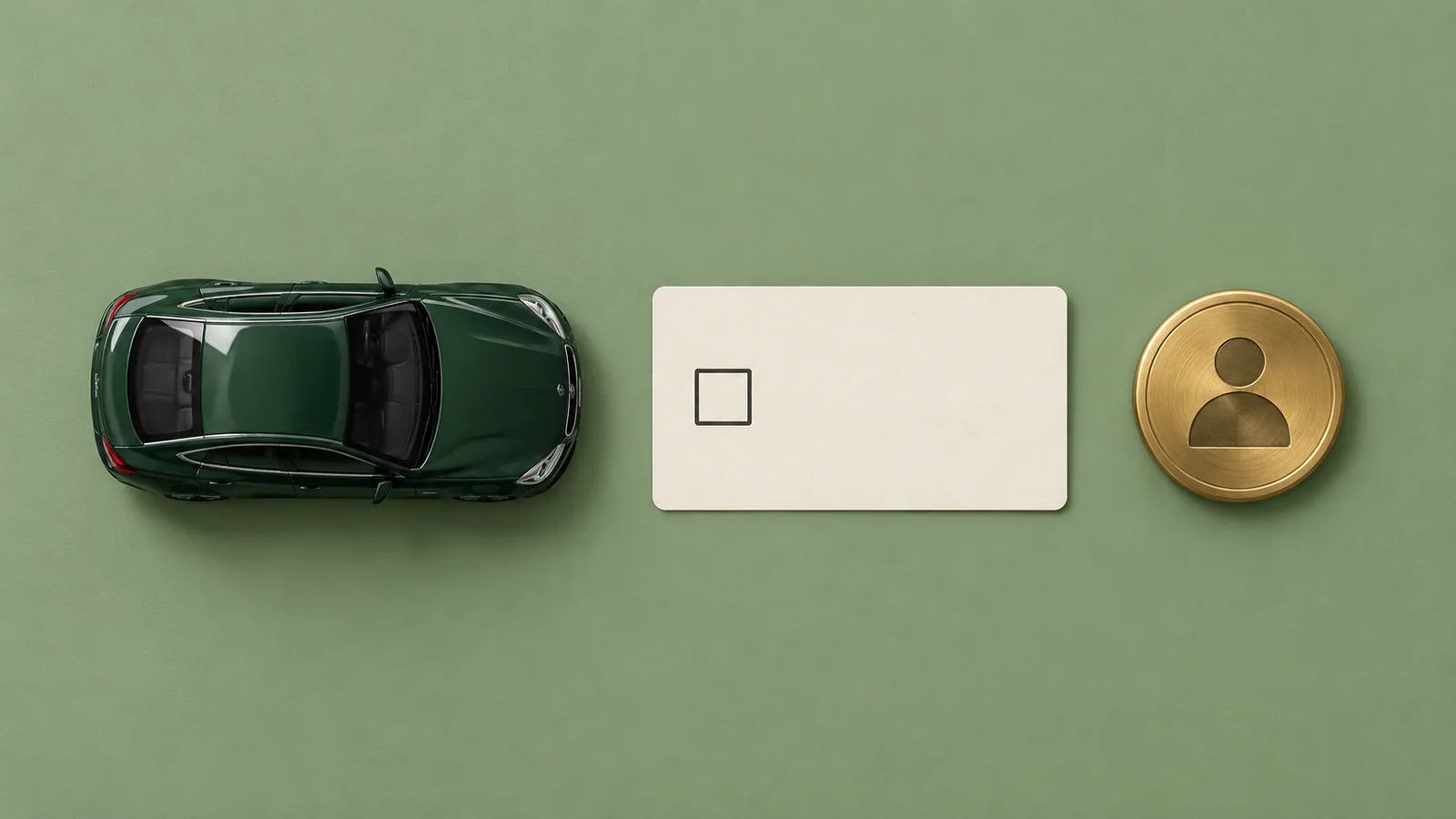 A top-down photo shows a forest green model car, a cream card with an empty checkbox, and a brass token arranged in a clean sequence on a matte sage-green surface.
