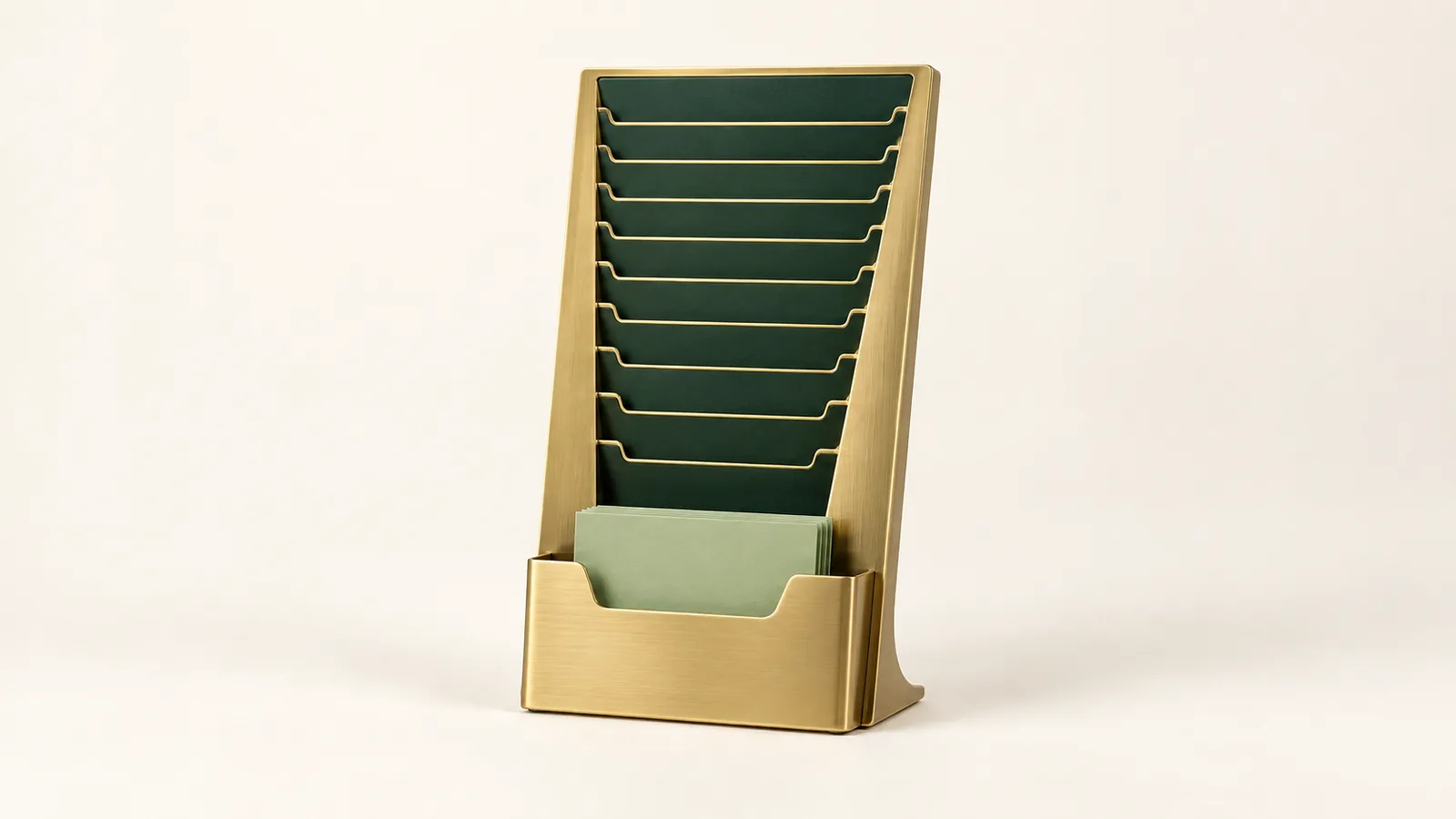 A freestanding brushed brass ticket holder with many narrow forest green slots funnels attention to a base pocket holding plain sage cards against a clean cream studio backdrop.