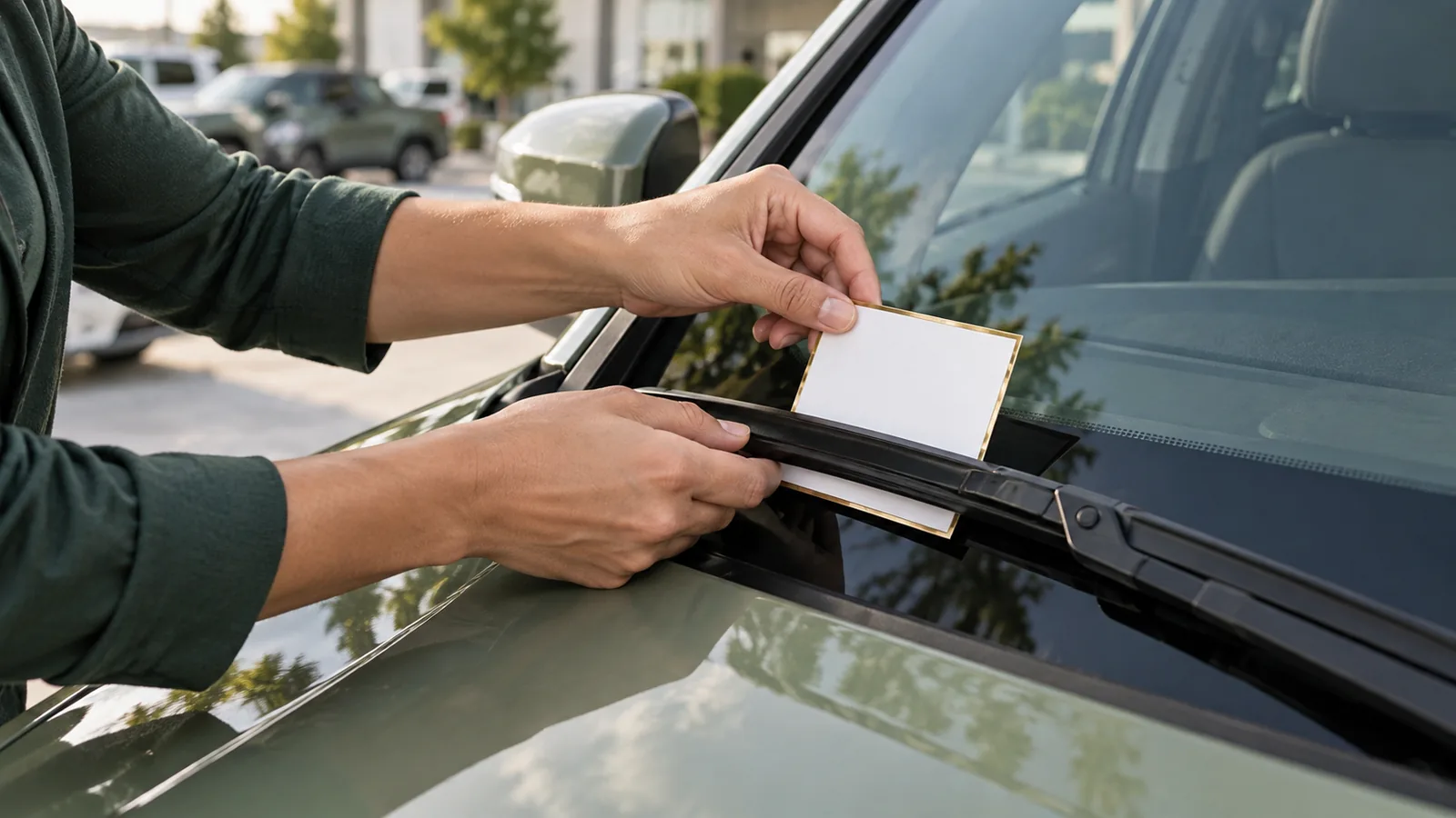 A salesperson's hands slide a blank brass-edged appointment marker beneath the windshield wiper of a sage green SUV in crisp morning light.