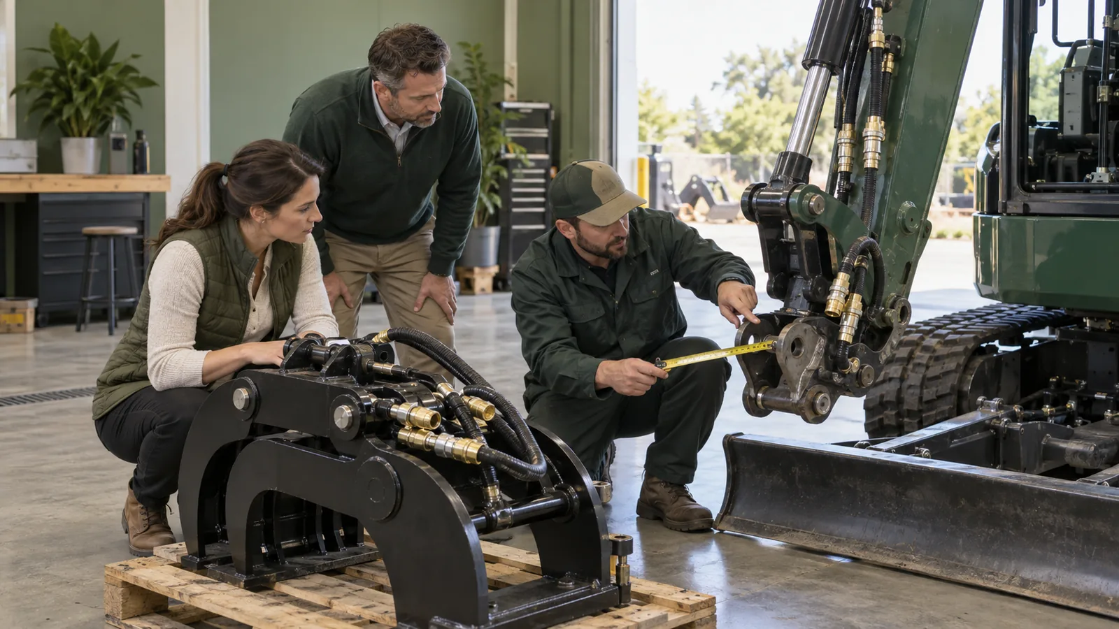 A sales rep, technician, and manager inspect a compact excavator coupler and hydraulic attachment in a sage green service bay lit by morning daylight.
