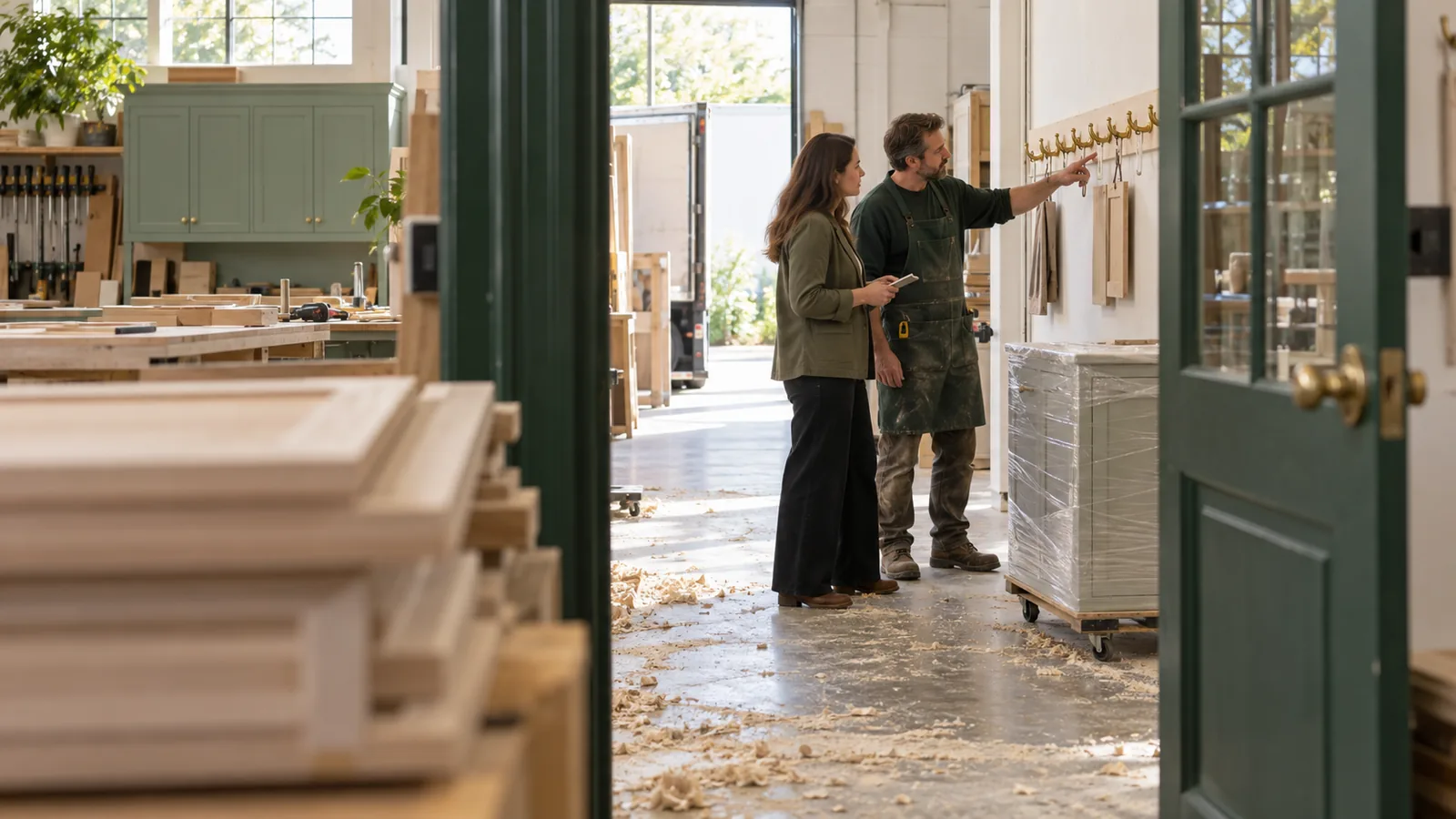 A consultant and shop lead review a cabinet handoff inside a sage and forest-green workshop, seen through a doorway beyond blurred unfinished cabinet doors.