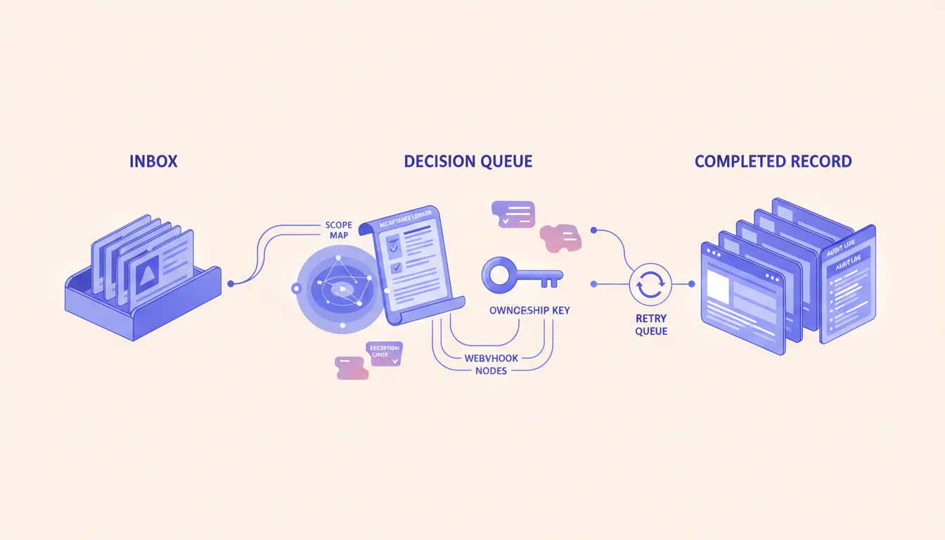 A buyer's automation engagement workbench with a process map, acceptance ledger, exception cards, and an ownership key